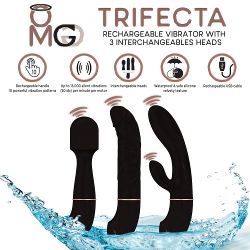 TRIFECTA RECHARGEABLE VIBRATOR W/ 3 INTERCHANGEABLE HEADS BLACK